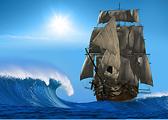 Древний корабль в море. (Код изображения: 21028)